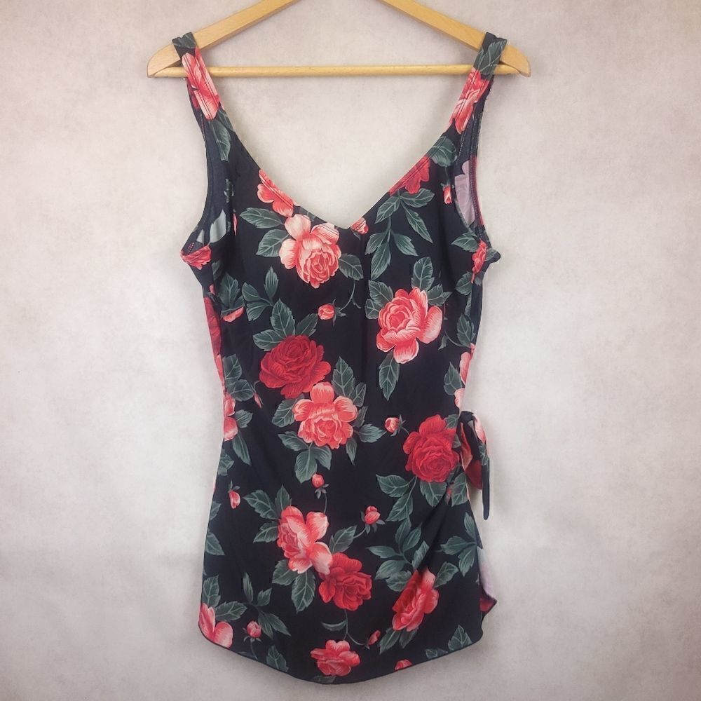 Vintage Roxanne Black Pink Floral One Piece Adjustable Straps Swimsuit  14/38C